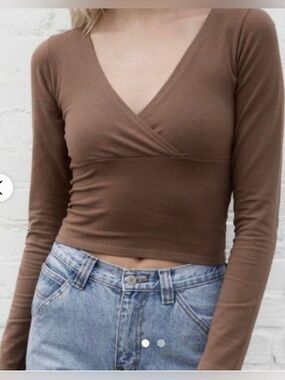 Brandy Melville Amara Wrap Top – Washed Brown | 100% Cotton | Feminine V-Neck